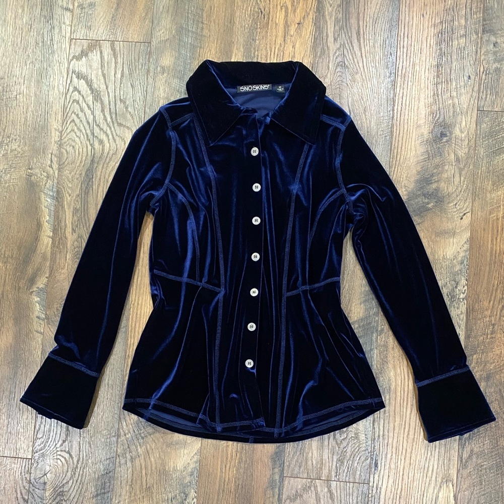 Snoskins lux deep blue velvet long-sleeve button-down shirt